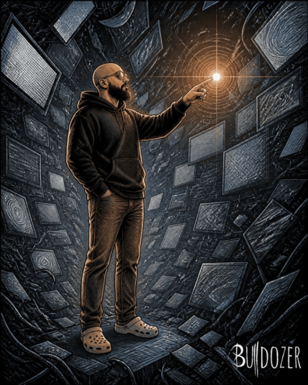 A man pointing at a single point of light surrounded by hundreds of dark screens